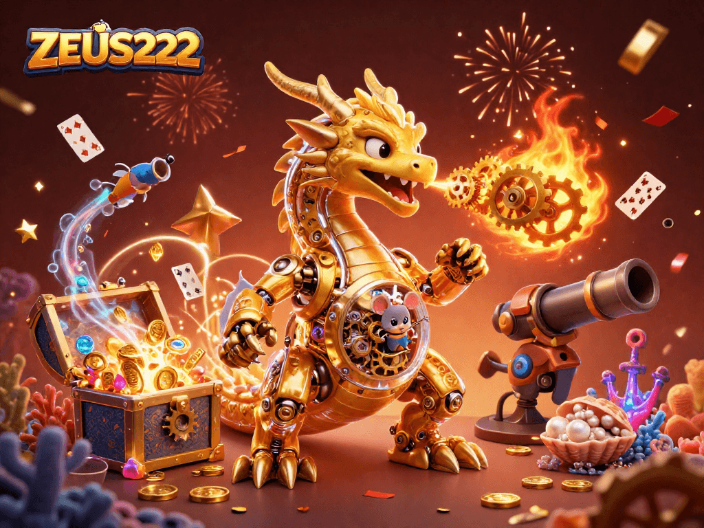 ZEUS222 delivers thrilling online gaming with vibrant treasures, glowing reefs, and cartoon dragon characters.