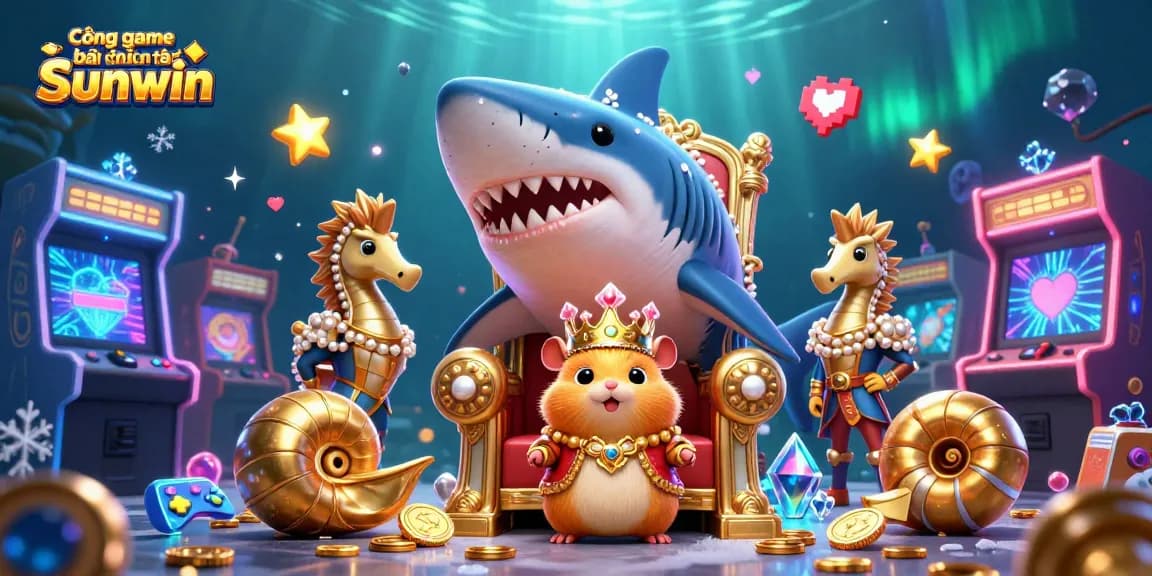Cổng game bài đổi thưởng Sunwin offers fierce excitement with a hamster king and gaming elements in a vibrant casino setting.