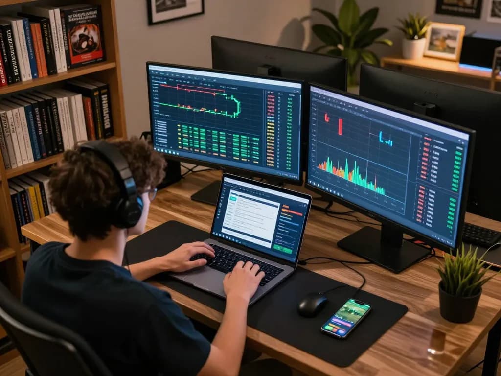 Person engaged in sports betting analysis with multiple screens displaying nano banana flash odds