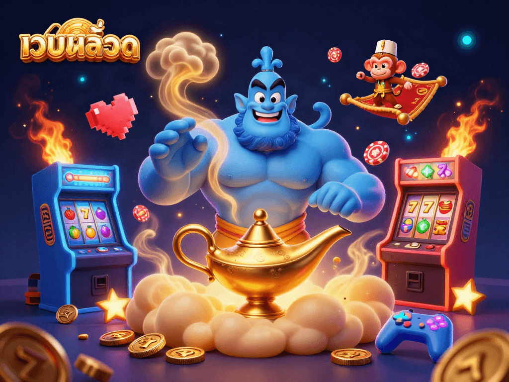 Engage with exciting เว็บสล็อต experiences in a vibrant 3D casino scene featuring a blue genie and poker chips.