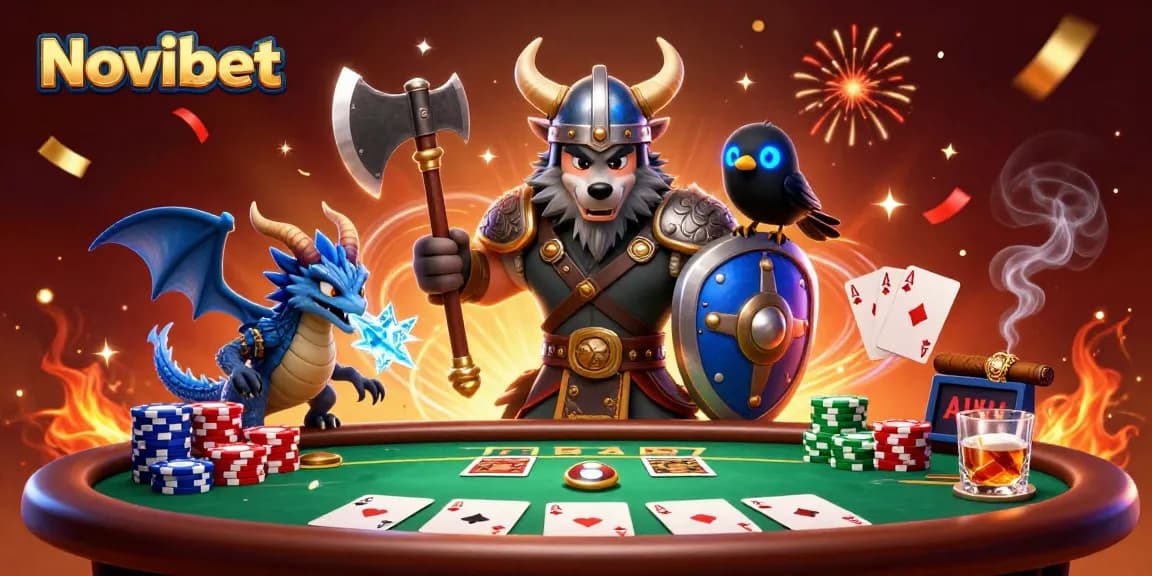 Novibet invites players to the thrilling world of poker with a cartoon Viking warrior in a vibrant casino setting.