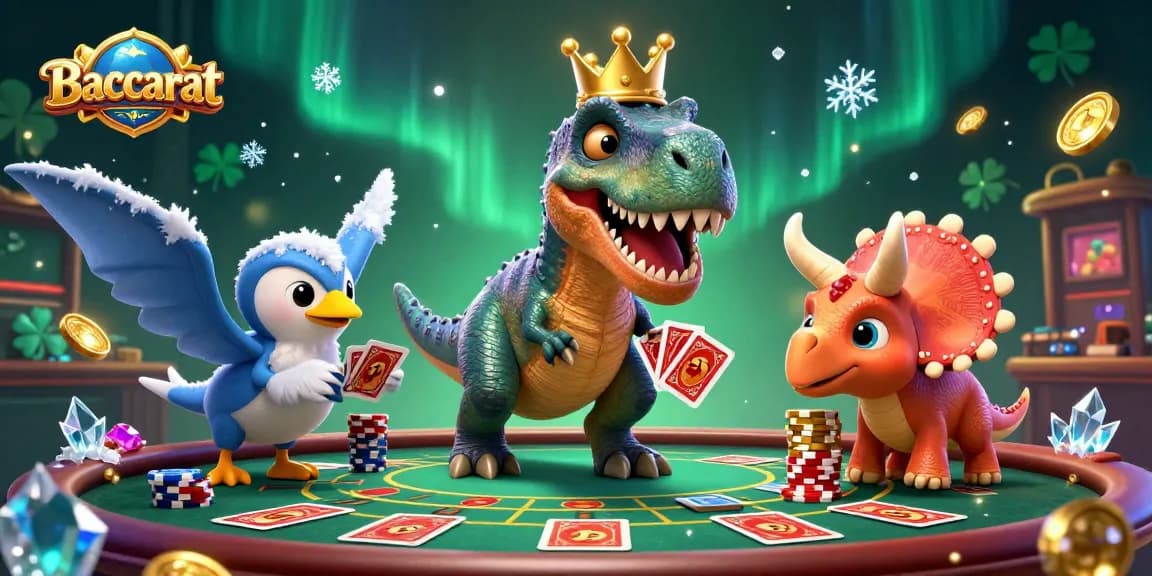 Baccarat game with playful T-Rex, pterodactyl, and triceratops setting up a lively betting scene in a casino.