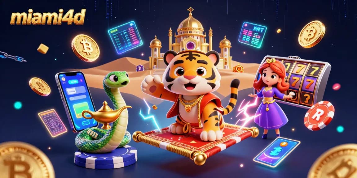 Experience the vibrant world of miami4d with a magical sultan and neon casino elements.