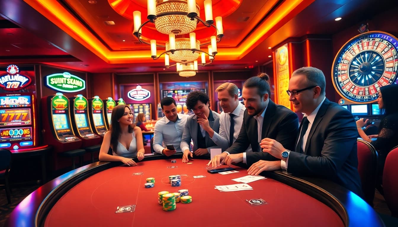 Exciting fun79 casino experience with poker chips, roulette, and engaged players enjoying gambling.
