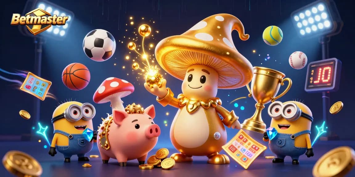 Betmaster game scene with a magical golden mushroom wizard and sports elements, showcasing vibrant casino energy.