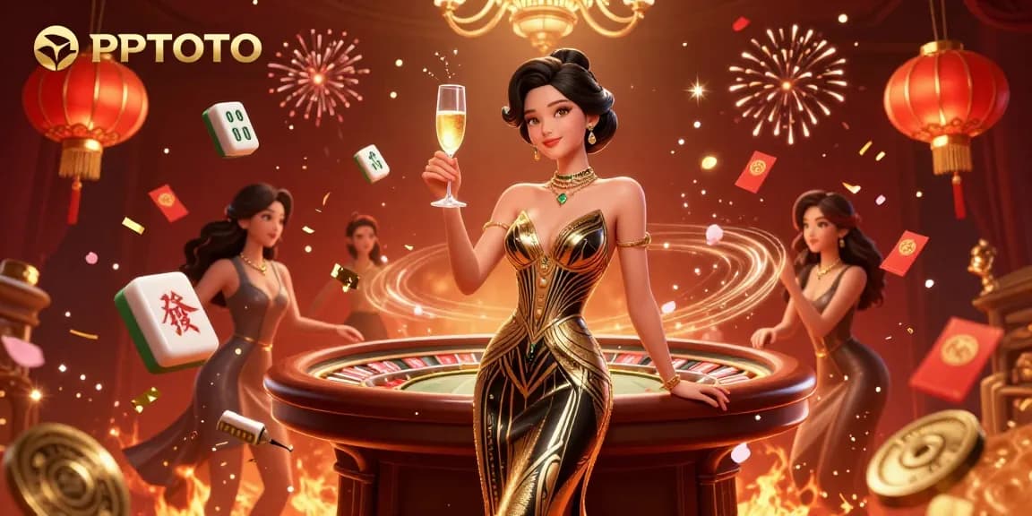 PPTOTO menunjukkan permainan yang elegan dengan seorang wanita Asia yang glamor di tengah elemen kasino 3D dalam perayaan yang penuh warna.