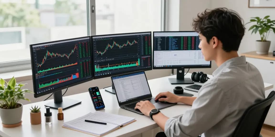 Traders melakukan analisis mendalam di workstation dengan fokus, kakakjudi, dan menggunakan beberapa layar untuk trading.