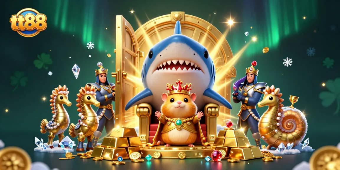 Play exciting games at tt88 with a fierce hamster king amidst treasures and vibrant casino elements.