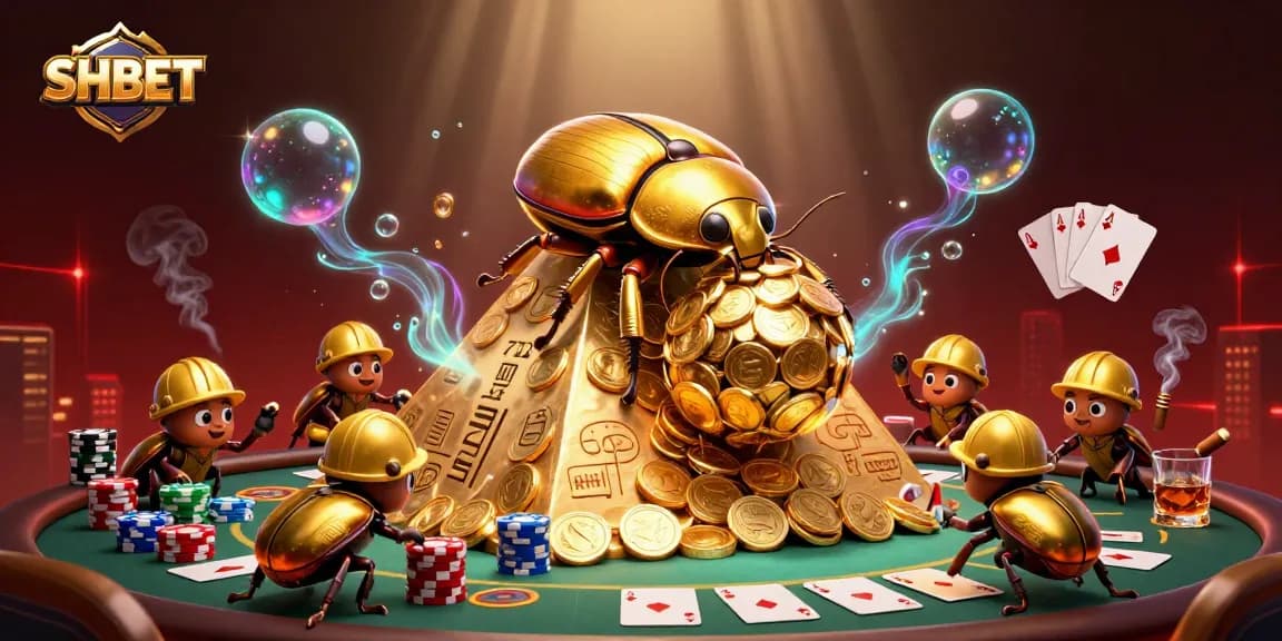 SHBET offers an exciting casino experience with golden beetles rolling coins in a vibrant 3D scene.
