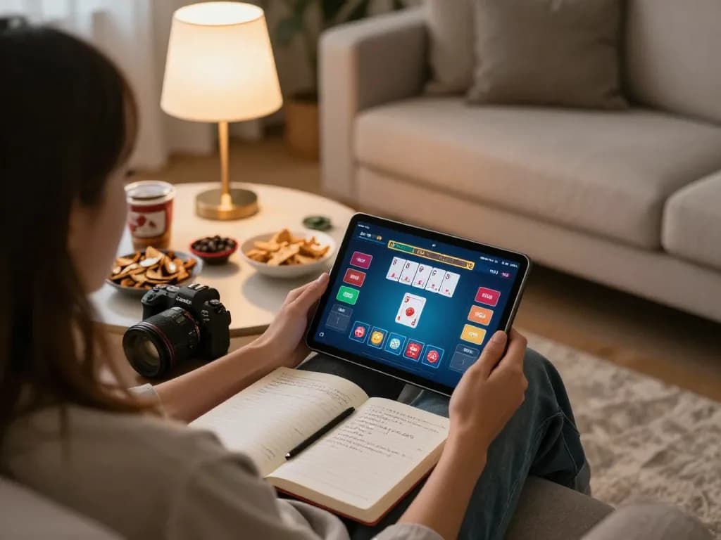 Playing online poker at home with 123bmvp casino app, showing a tablet screen and betting notes