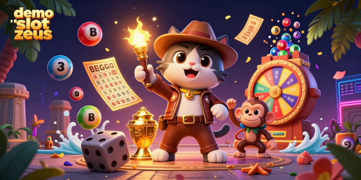 Engage with demo slot zeus in an exciting 3D adventure featuring a cat explorer and monkey in a casino-themed setting.