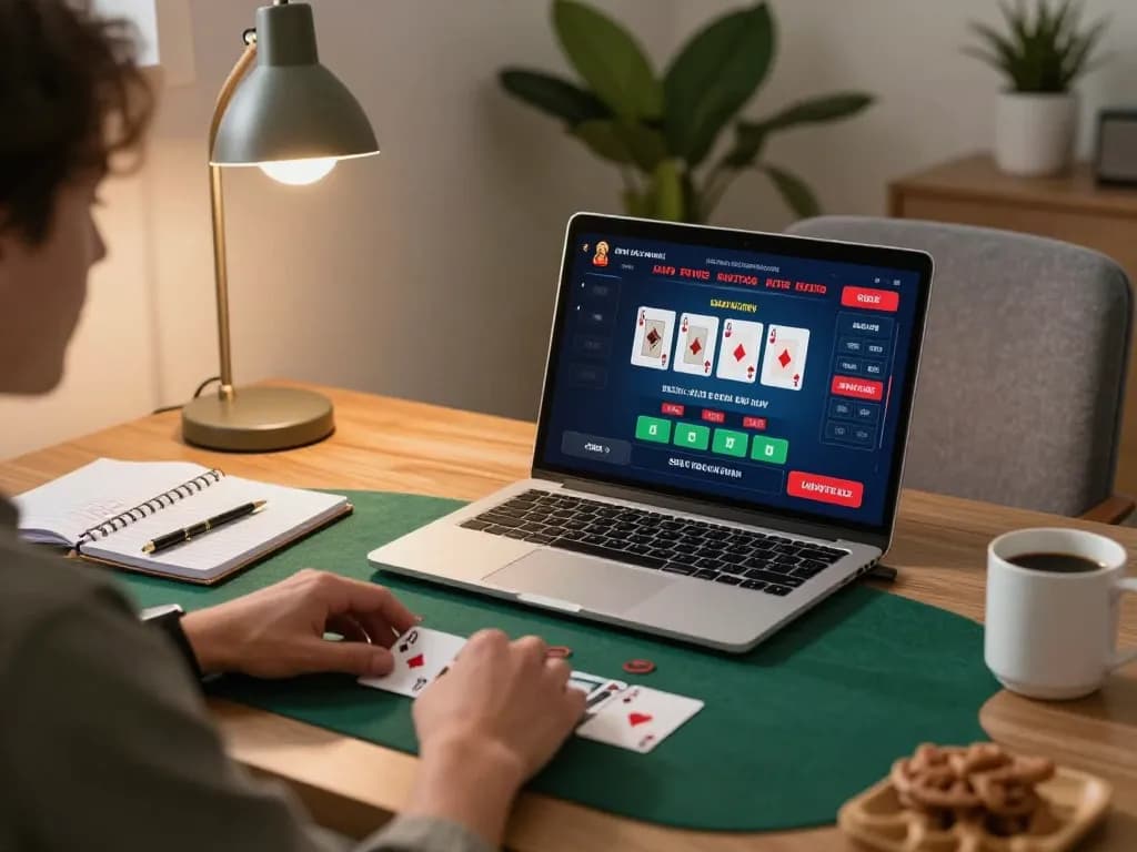 kp88 player engaging in live dealer blackjack on a laptop in a stylish home setting