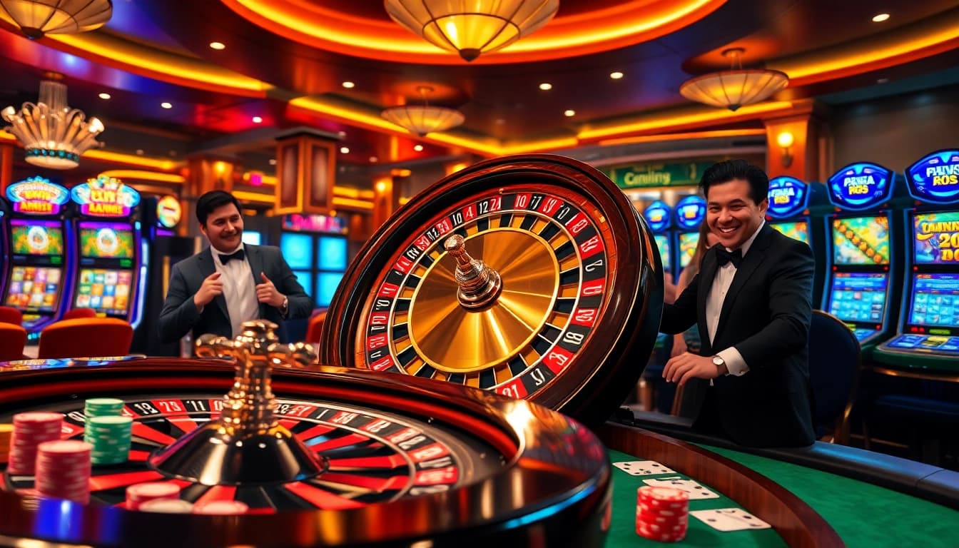 Experience thrilling gameplay at https://go8vni.com/ with luxurious casino elements like a roulette wheel and vibrant poker tables.