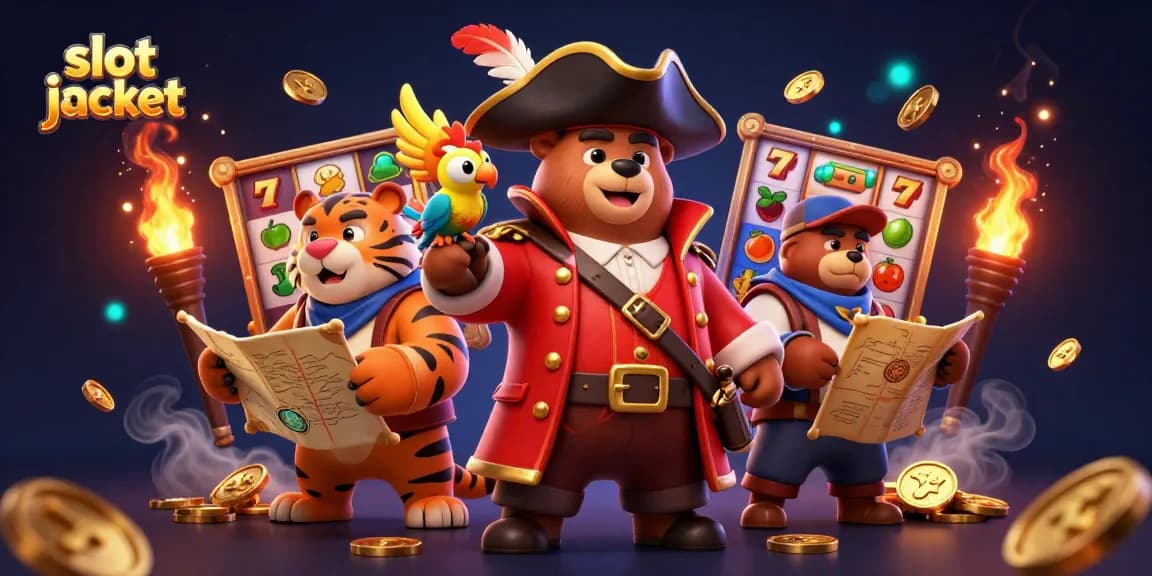 Menggulung jackpot dengan simbol slot jackpot dan elemen kasino yang bertebaran di sekitar beruang kapten bajak laut dan harimau.