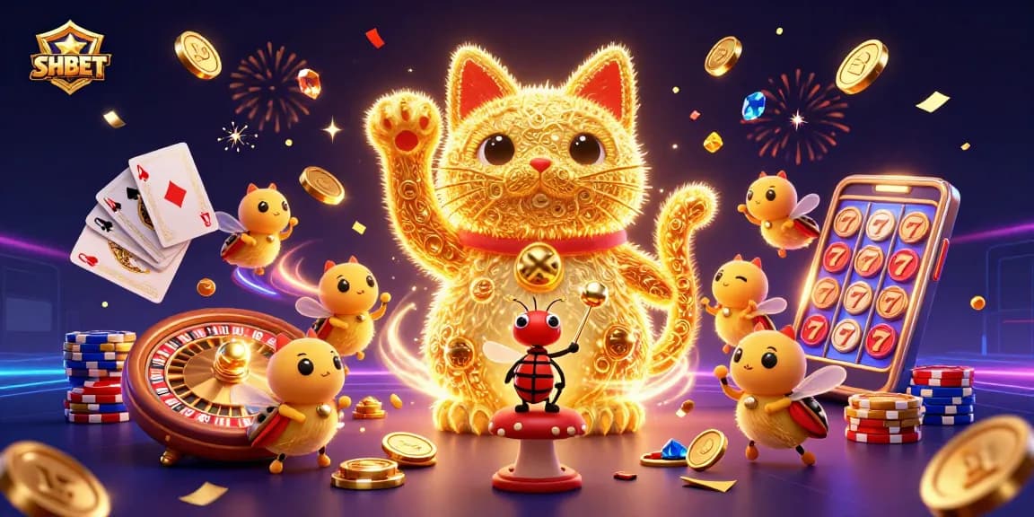 Play dynamic casino games like SHBET with colorful fireflies and a lucky cat. Experience thrilling wins!