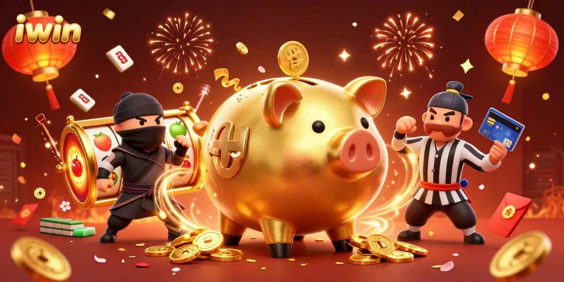 Experience vibrant iwin casino gameplay with a golden piggy bank sumo wrestler amidst slot reels