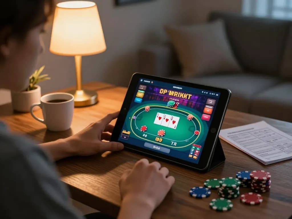 ATQ player engaging in online gambling on a tablet, showcasing a poker game interface and cozy home setting.