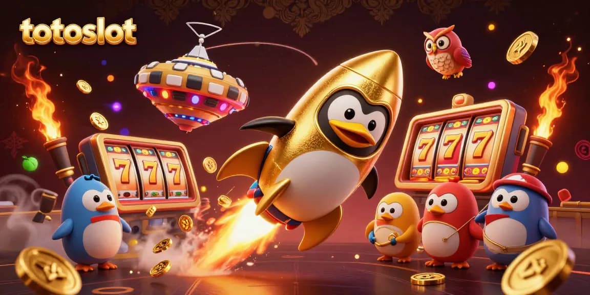 Engage in thrilling slot action with totoslot as a golden penguin blasts toward a casino in space.