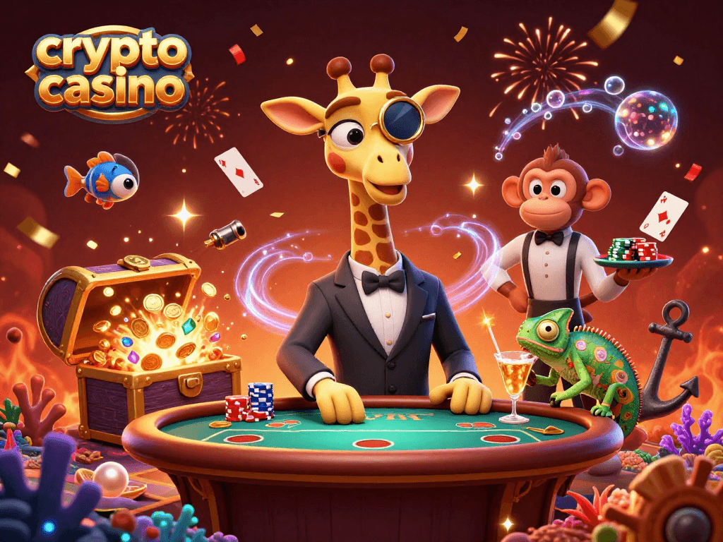 Engage in the crypto casino experience with a colorful scene featuring a high-roller giraffe and friends.