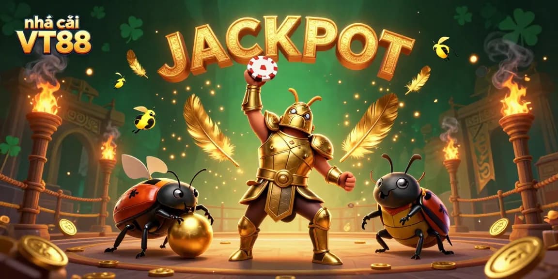Experience the thrilling victory of nhà cái VT88 with a gladiator beetle in action amidst a vibrant casino scene.