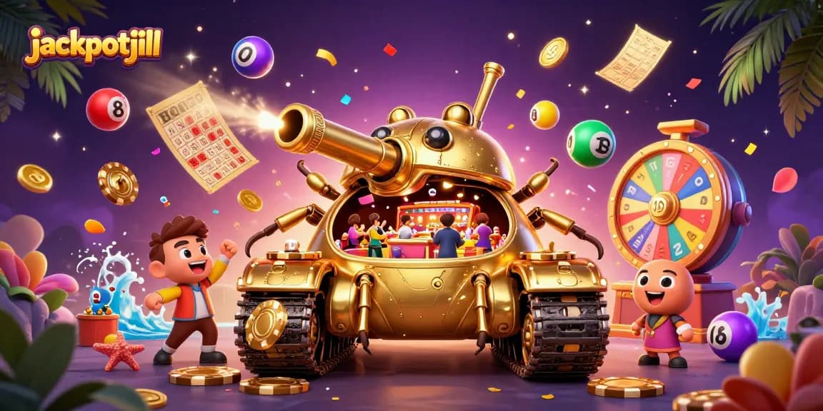 Engage with jackpotjill through this vibrant 3D illustration of a golden beetle casino tank.