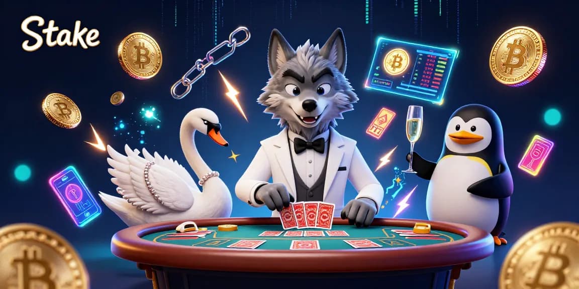 Place bets with Stake at a glamorous baccarat table featuring vibrant crypto elements.