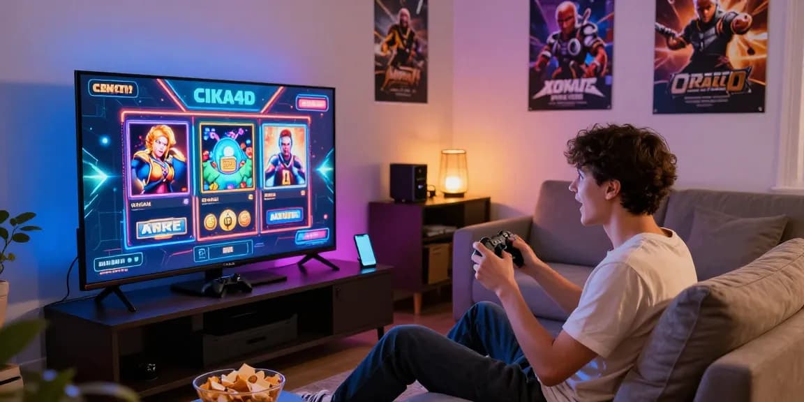 Player enjoying CIKA4D slot games in a modern home gaming setup with vibrant lights.