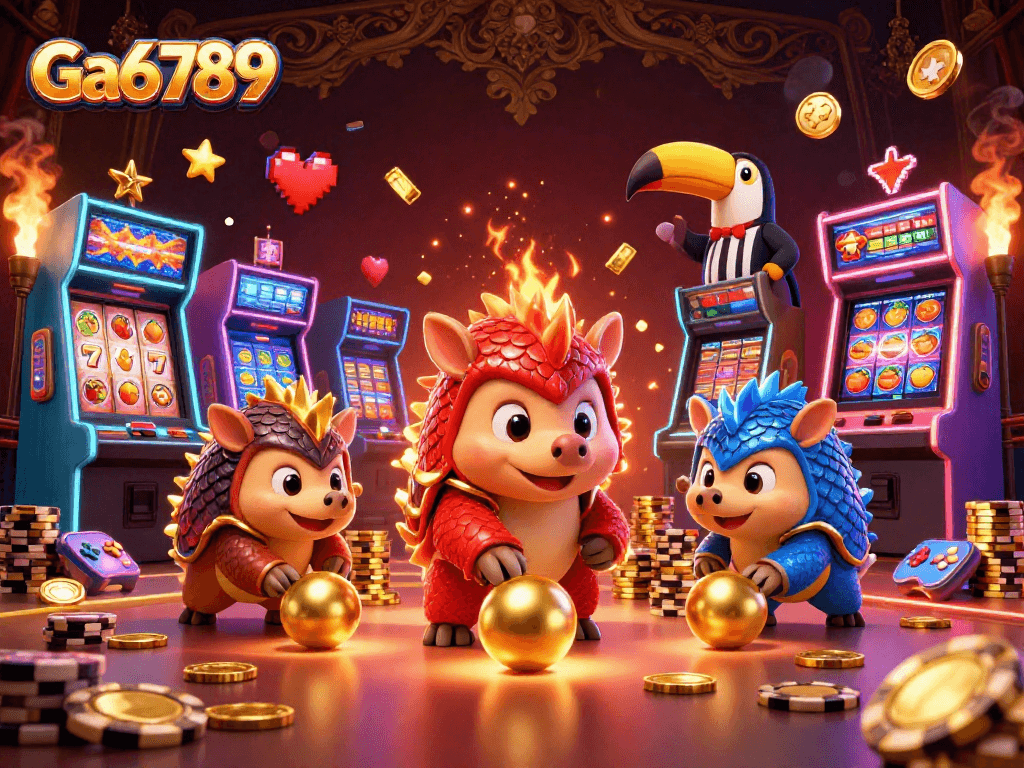 Engage in thrilling gameplay at Ga6789 with dynamic pangolins competing amid slot machines and poker chips.