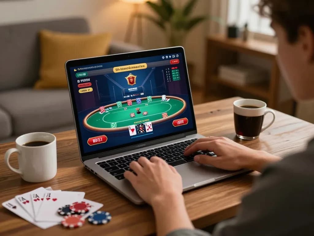 Engaging in online poker with ok365 đăng nhập on laptop, showcasing a strategic gaming environment.