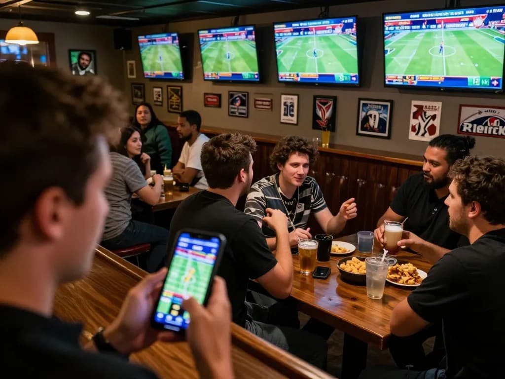 Patron menggunakan smartphone untuk taruhan olahraga SPBO di bar yang ramai
