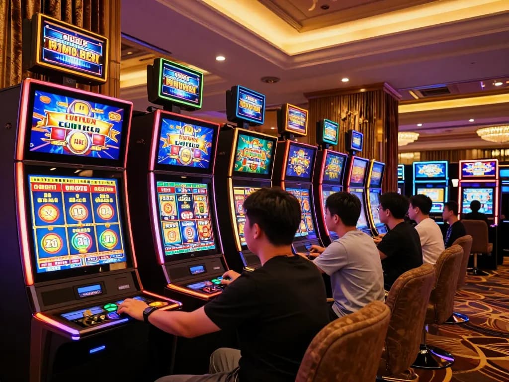 Engaged players enjoying vibrant situs slot machines in a luxurious casino setting.