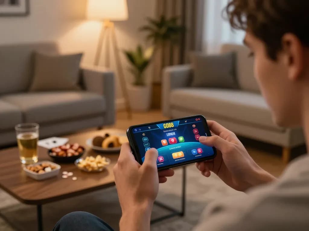 Player engaged in GO88 online gaming on smartphone in a stylish living room, emphasizing responsible betting.
