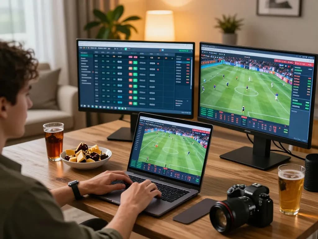 Engaging moment of placing sports bets at home using hm88 bet platform on a laptop in a cozy environment