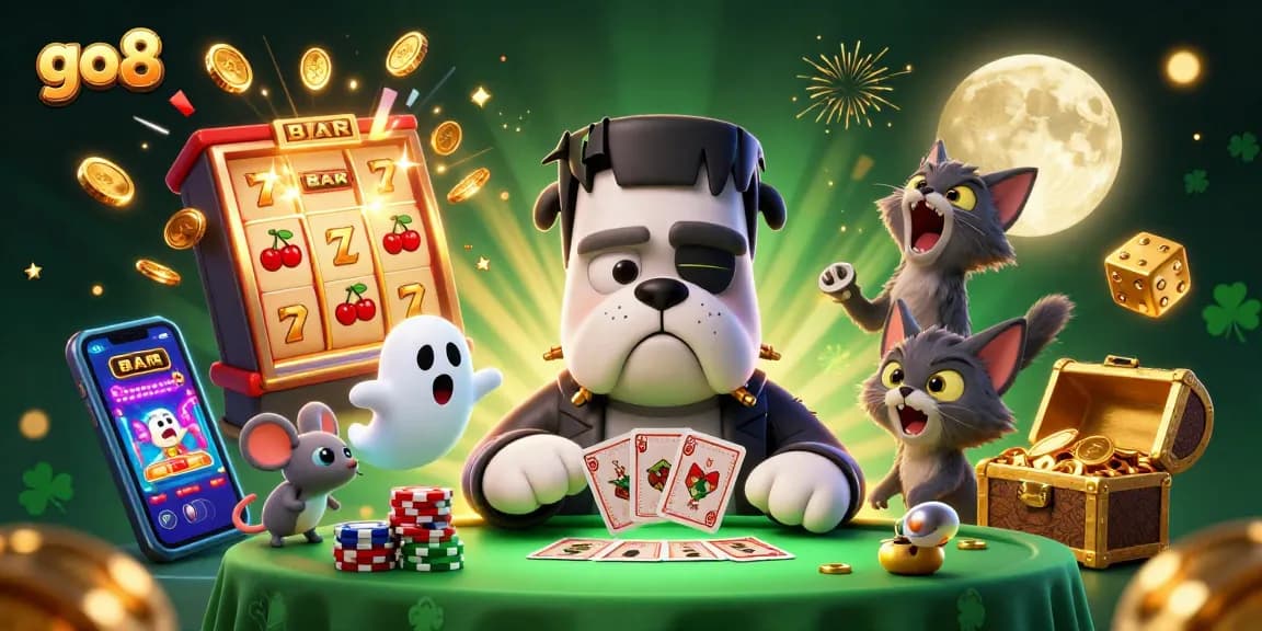 Engage with go8's thrilling gaming experience featuring a dynamic casino scene of lively characters and exciting elements.