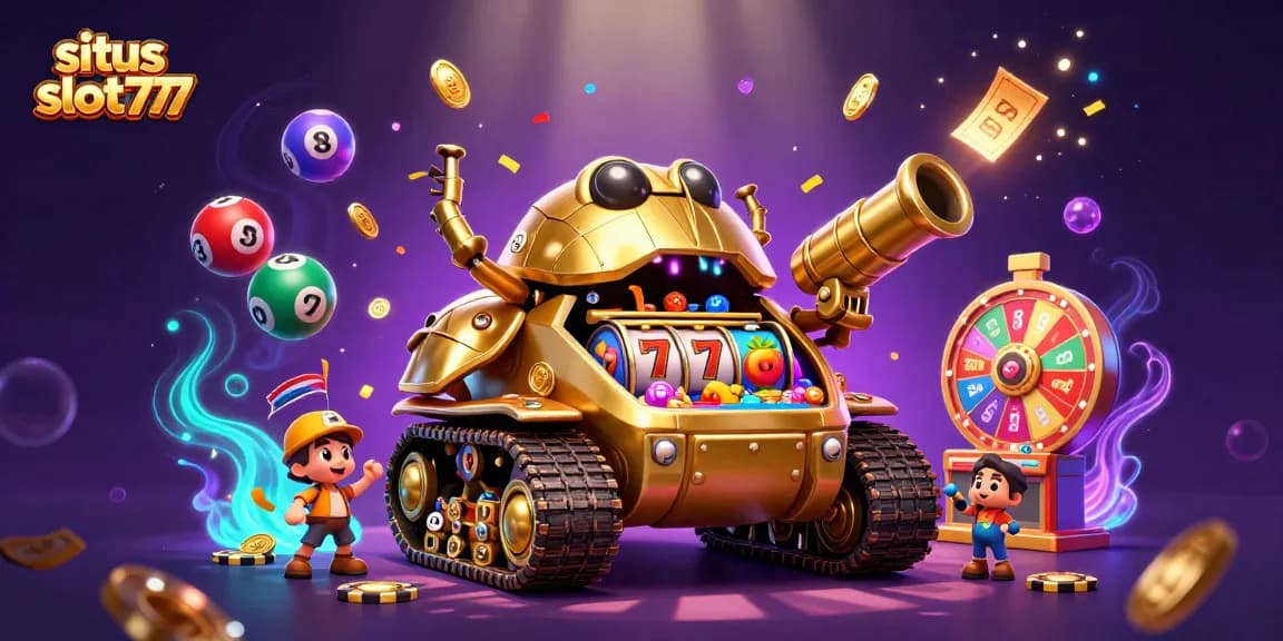Engage in exciting gameplay at situs slot777 with a dynamic golden beetle tank casino illustration.