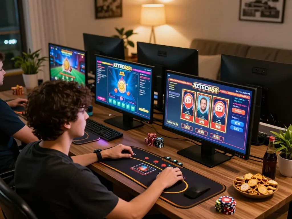 Player using AZTEC888 online platform with exciting game interfaces in a cozy home setup