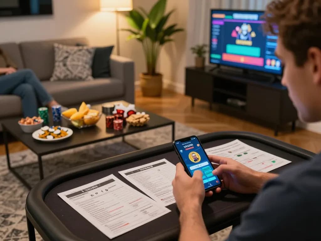 Player engaging with VICWIN app on smartphone in a cozy living room for online gambling.