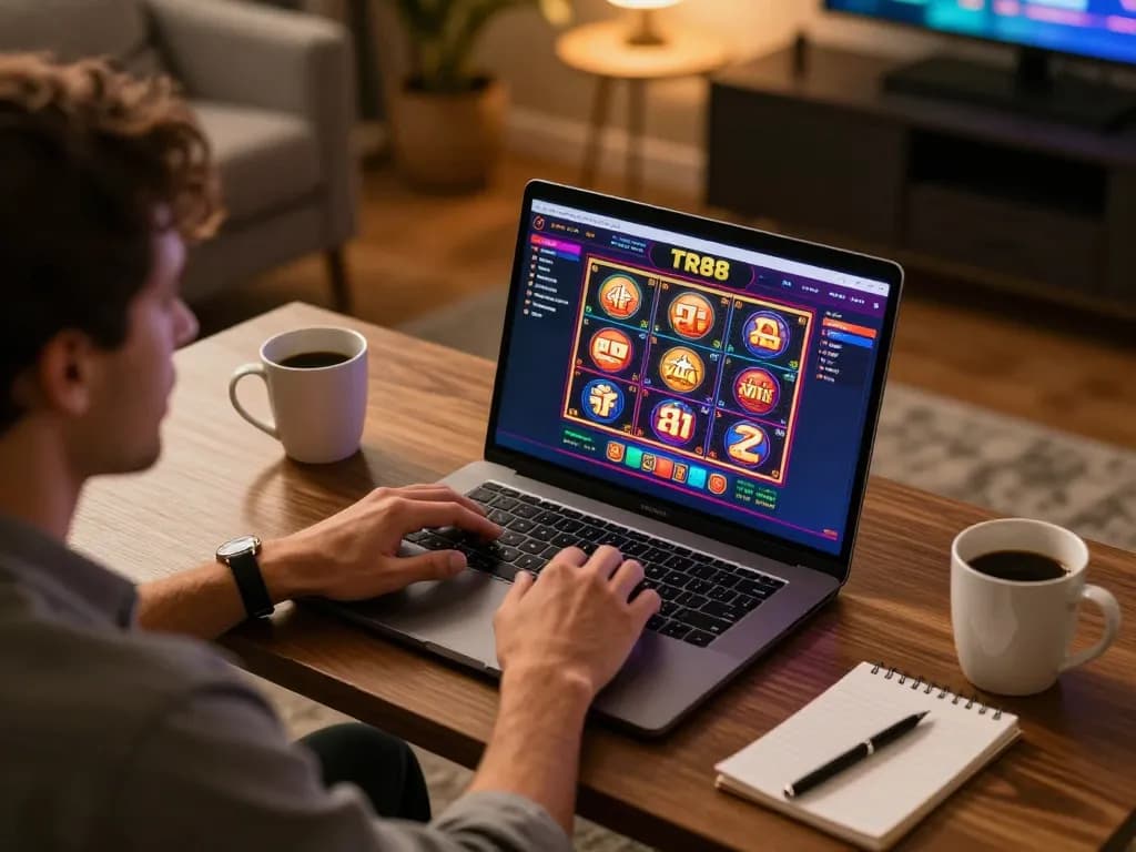 Player experiencing dynamic slots on TR88 online casino platform in comfortable home setup