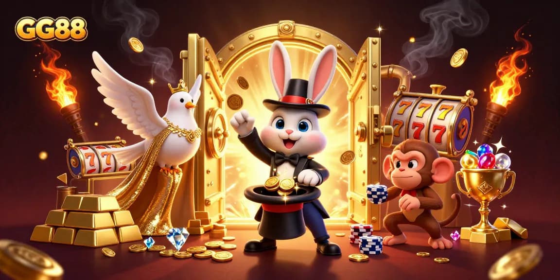 Win at GG88's vibrant casino with a magician rabbit, dove, and monkey surrounded by gaming treasures.