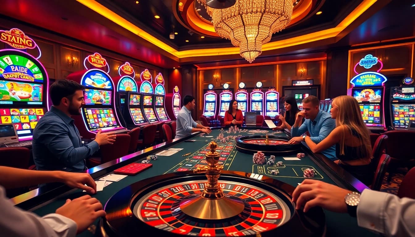 Players enjoying a thrilling game at Zbet's vibrant casino, featuring roulette tables and poker chips.
