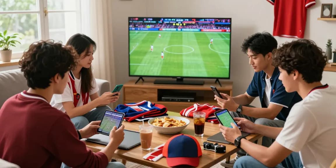 Friends enjoying esportes da sorte paraguay at home, placing bets on live sports events, with snacks and team jerseys on display.
