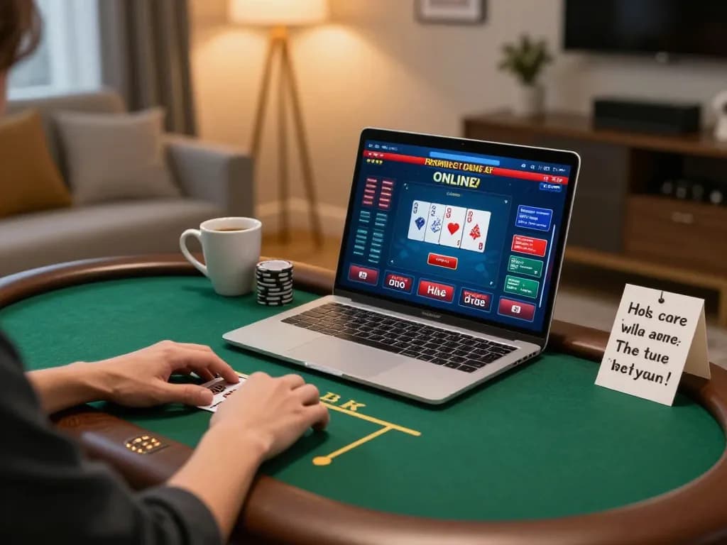 Player engaging with af88 com on laptop during a cozy poker gaming session at home.