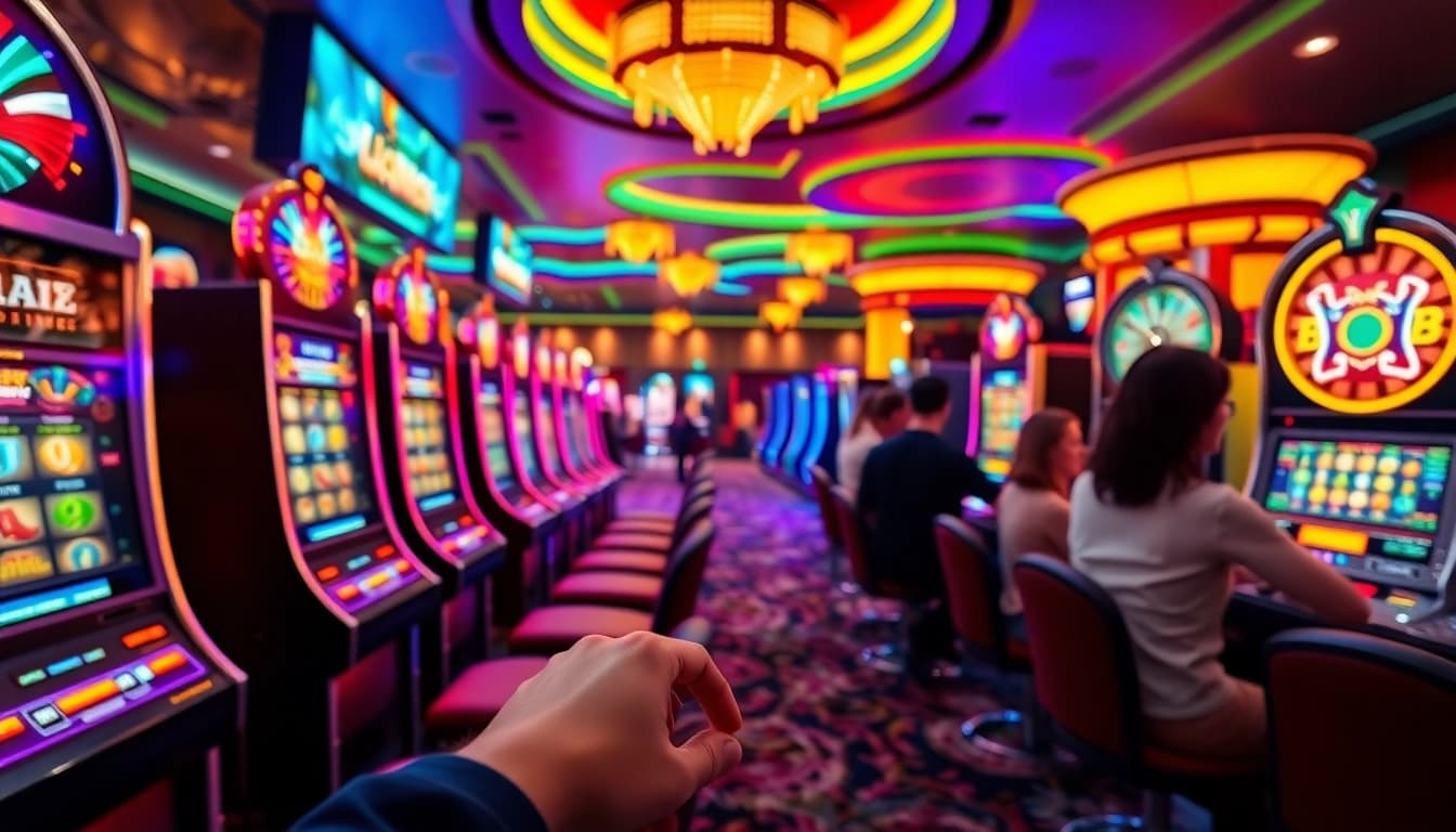 bro138 login action showcased with vibrant slot machines and eager players in a casino setting.
