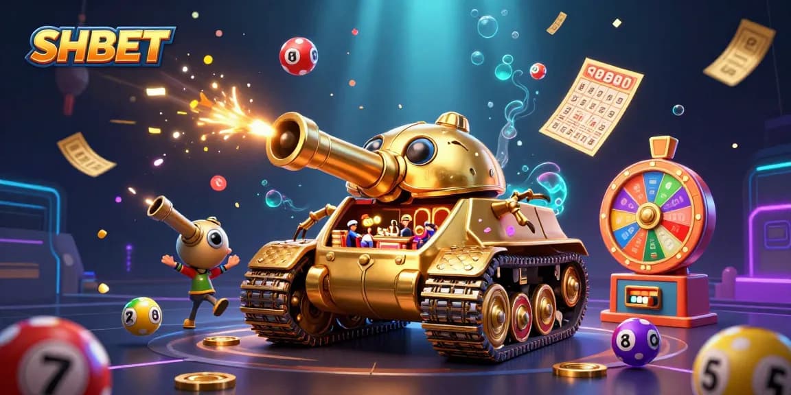 SHBET showcases a vibrant casino scene with a golden beetle tank and dynamic gaming elements.