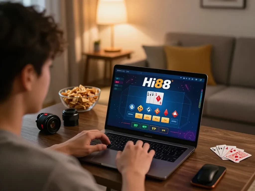 Player strategizing on Hi88 casino app at home, showcasing online gambling atmosphere.