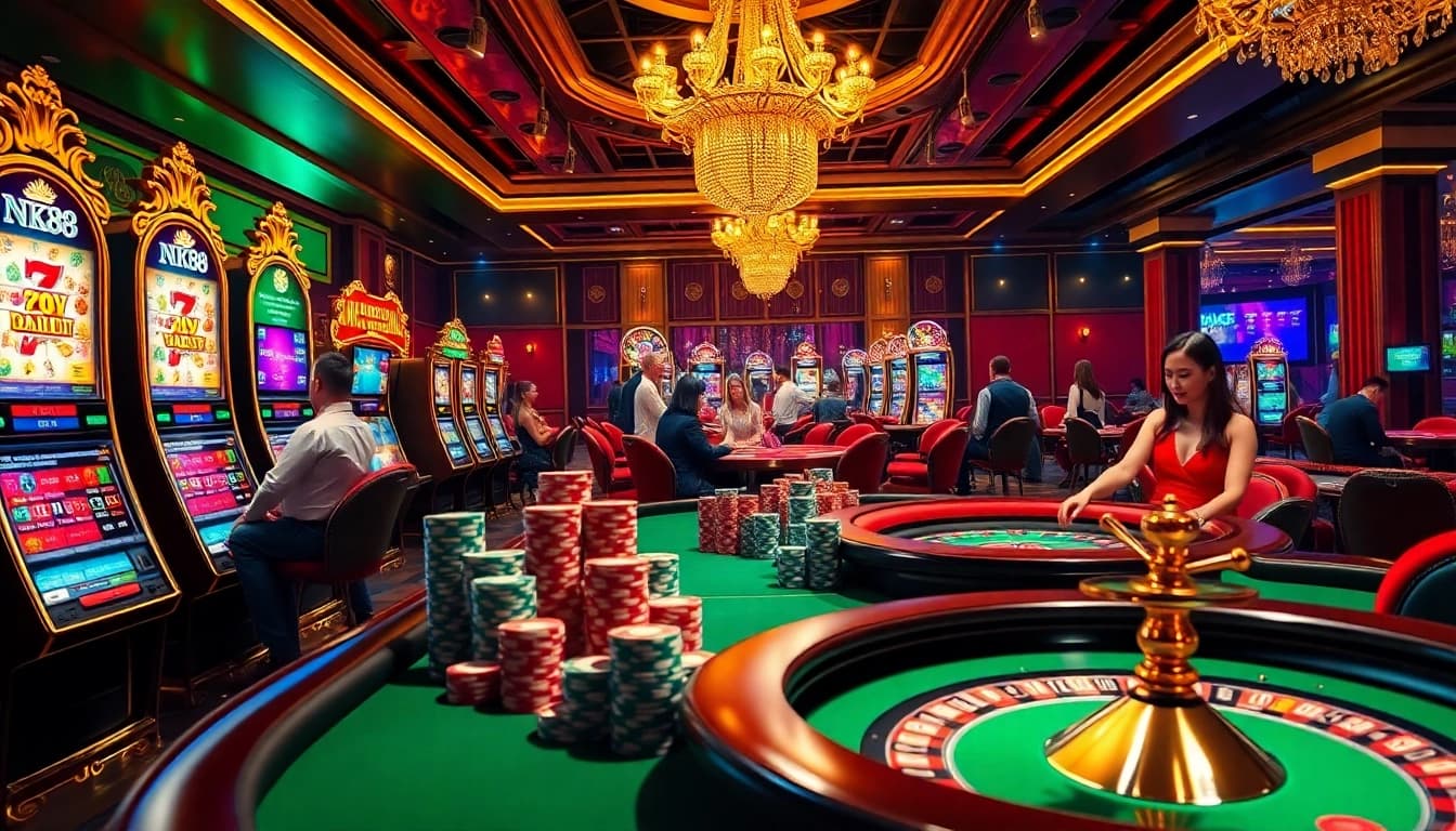 Experience the thrill of winning at NK88's luxurious online casino, featuring dynamic gaming tables and vibrant slot machines.