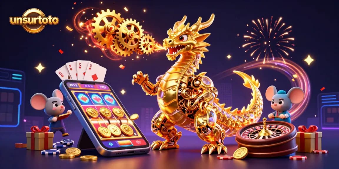 Play slots with unsurtoto, featuring a golden dragon and dynamic casino elements.