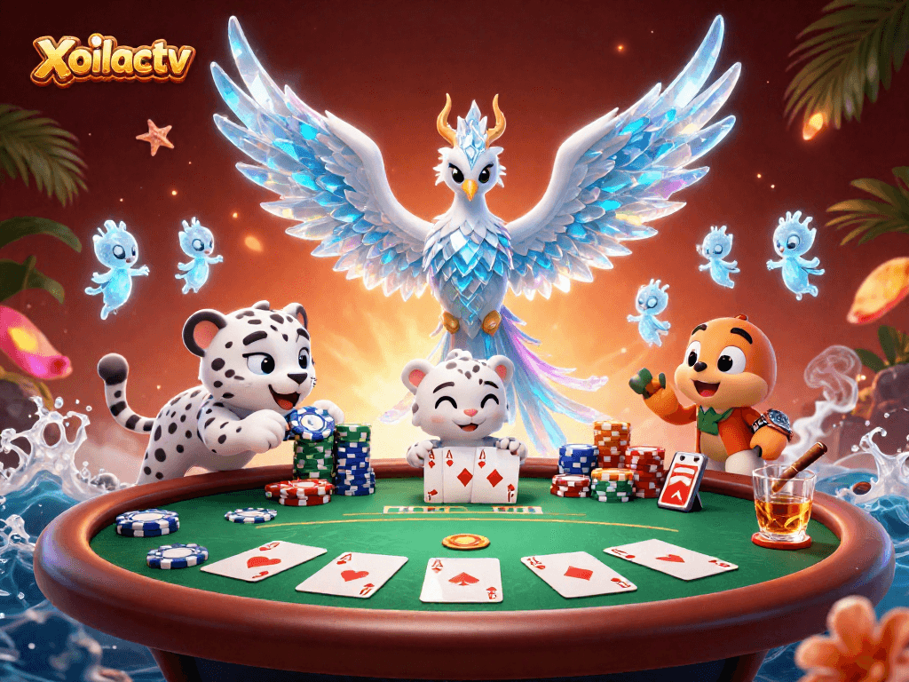 Xoilactv showcases a vibrant casino scene with an ice phoenix, snow leopard cub, and dancing sprites.
