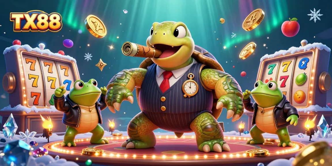 Spin winning slots at TX88, featuring a cartoon turtle mobster and exciting casino elements.