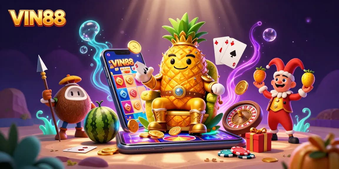 Spin to win with VIN88's vibrant 3D casino illustration featuring characters and gaming elements.